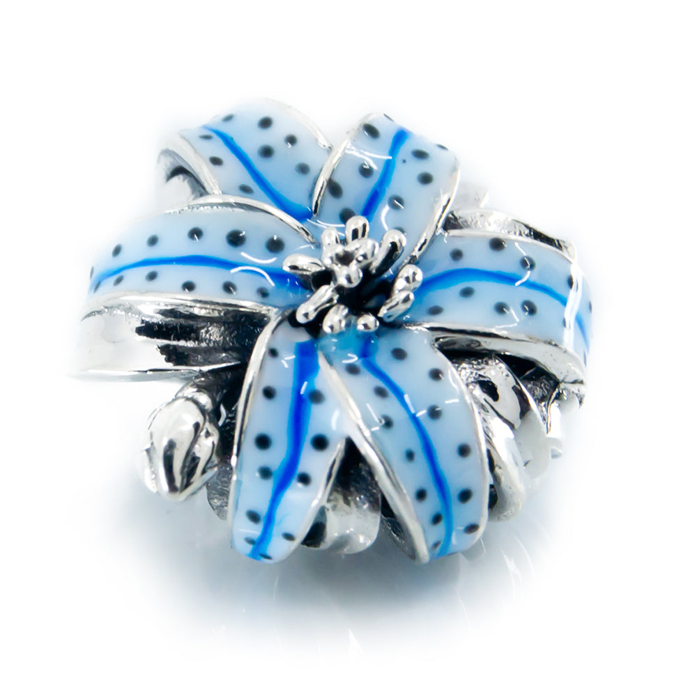 Aurora Charm Blue Tiger Lily Charm silver; blue sterling-silver; enamel Bead by The Alternative Bead. Your official Aurora Charm Retailer from Germany