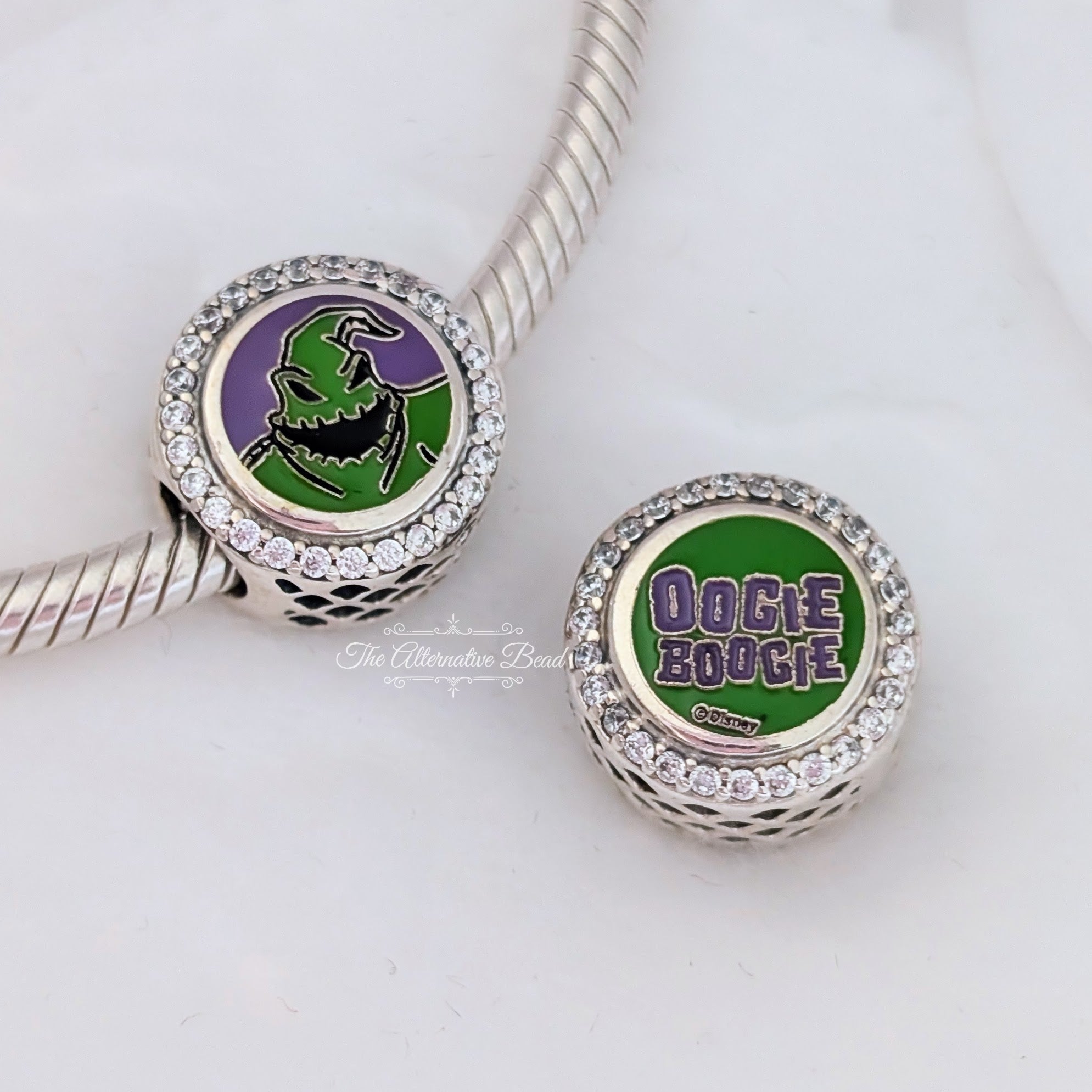 Disney x Pandora Oogie Boogie Engravable green and purple sterling-silver and enamel Bead by The Alternative Bead. Your official Disney x Pandora Retailer from Germany