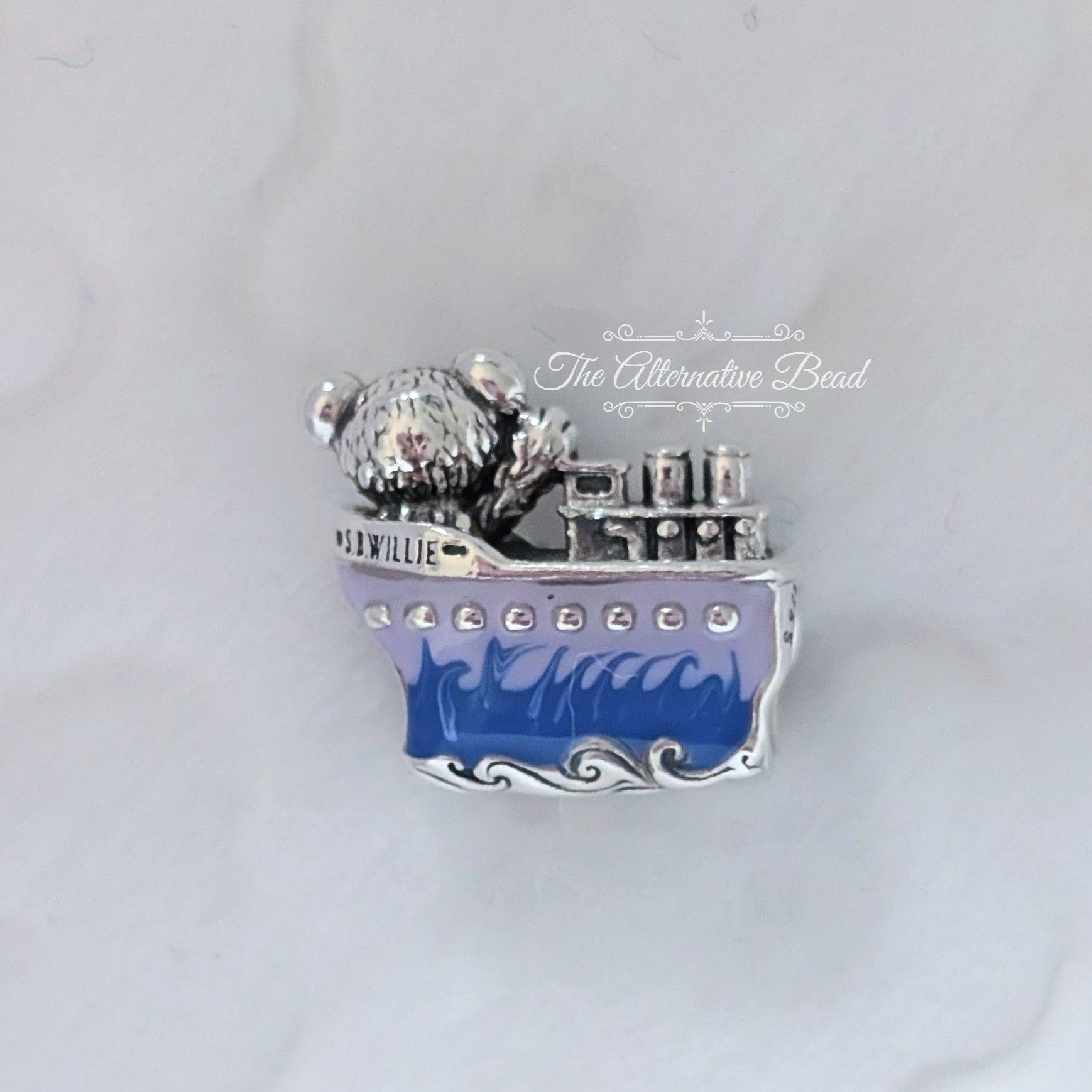 Disney x Pandora Duffy the Bear in Steamboat Willie silver and blue and purple sterling-silver and enamel Bead by The Alternative Bead. Your official Disney x Pandora Retailer from Germany