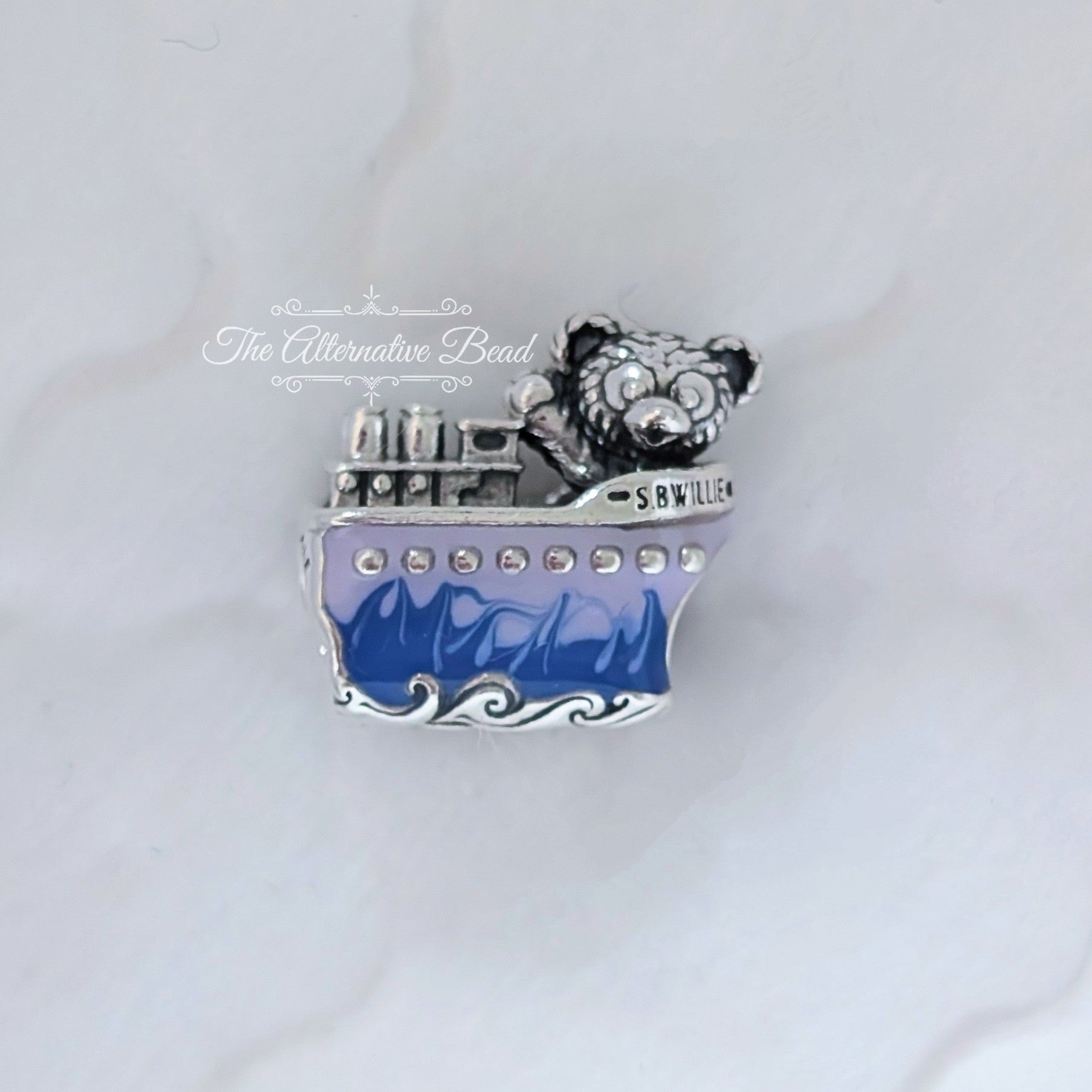 Disney x Pandora Duffy the Bear in Steamboat Willie silver and blue and purple sterling-silver and enamel Bead by The Alternative Bead. Your official Disney x Pandora Retailer from Germany