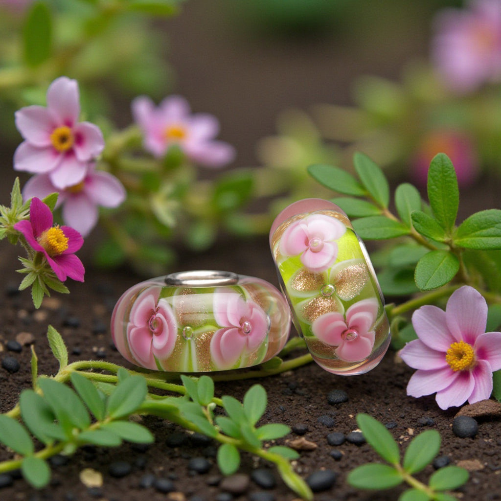 Ogerbeads Dark Rose Gold Flowers green; pink; gold glass Bead by The Alternative Bead. Your official Ogerbeads Retailer from Germany