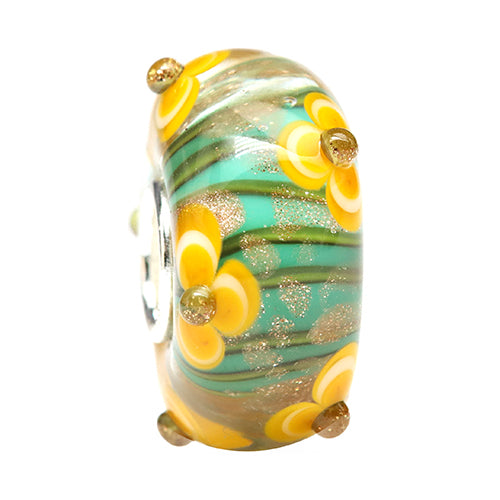 Ogerbeads Sungarden Moonsparkle Blossom yellow and green and gold glass Bead by The Alternative Bead. Your official Ogerbeads Retailer from Germany