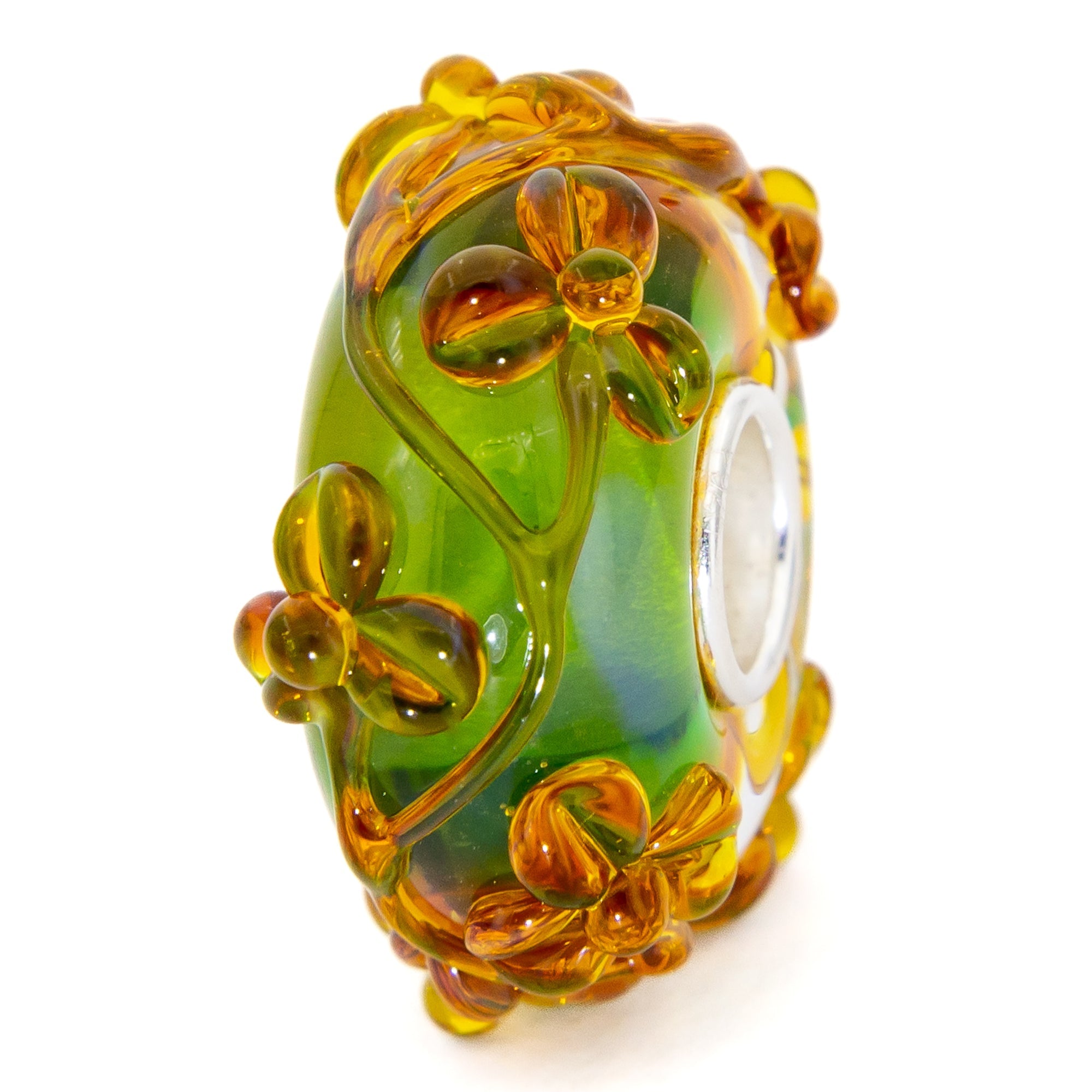 Elfbeads Olive Green Amber Flowertwig green; orange glass Bead by The Alternative Bead. Your official Elfbeads Retailer from Germany