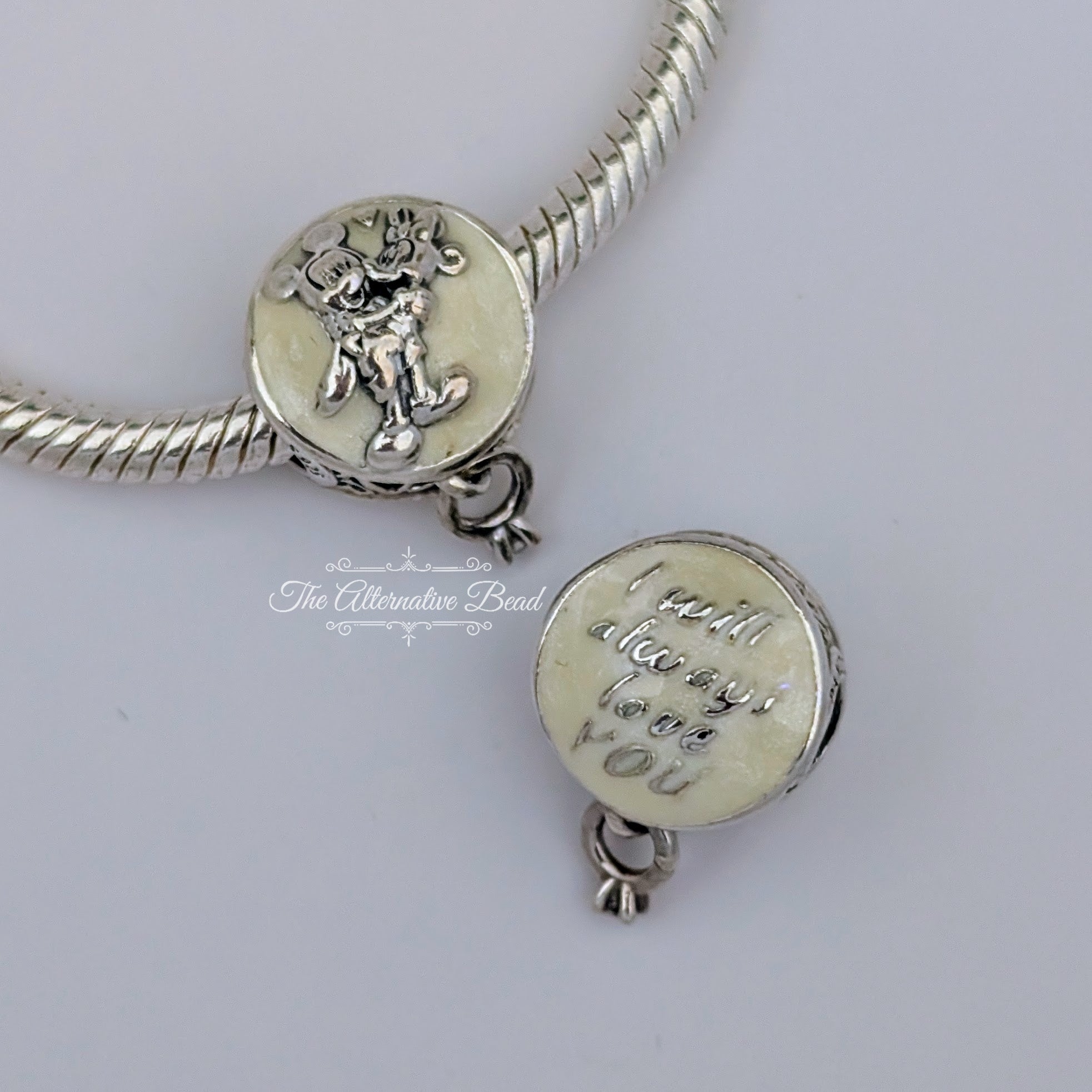 Disney x Pandora Minnie & Mickey Mouse Eternal Love Charm (799395C01) silver and white sterling-silver and enamel Bead by The Alternative Bead. Your Jewelry Retailer from Germany