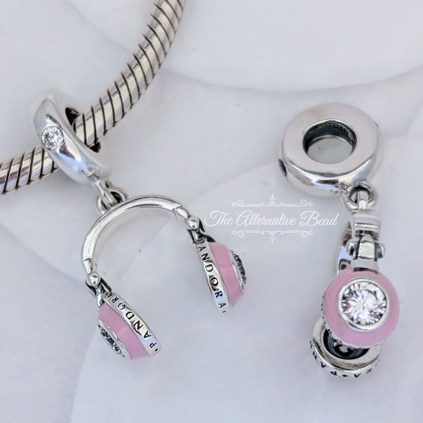 Silver Headphones Dangle with Clear Cubic Zirconia and Pink Enamel