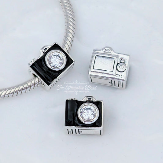 Camera Silver Charm with Black Enamel and Cubic Zirconia