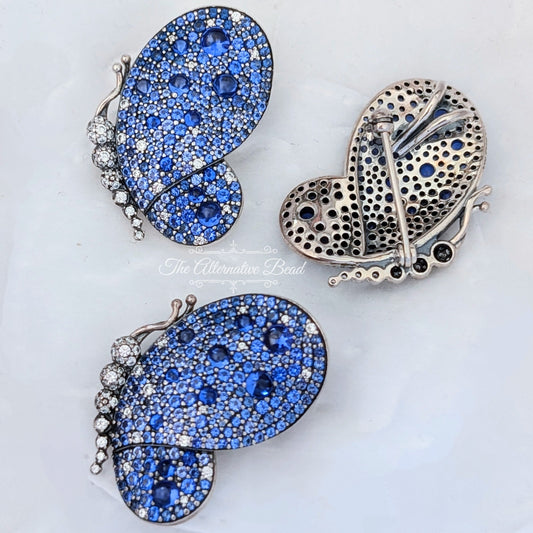 Butterfly Silver Brooch with Royal Blue Crystal