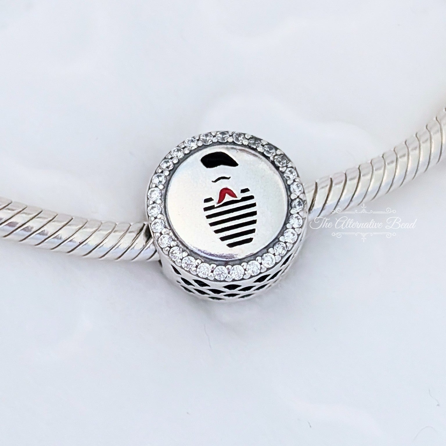Pandora French Mime Engravable (792016CZ_E044) silver and black and red sterling-silver and enamel Bead by The Alternative Bead. Your Jewelry Retailer from Germany