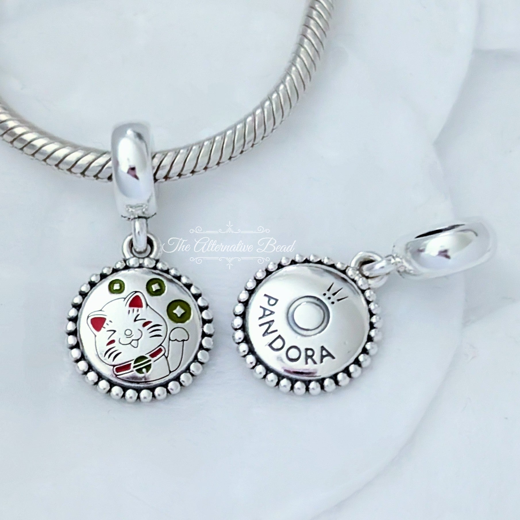 Pandora Lucky Cat Dangle Charm (791169C00_E025) silver and green and white and red sterling-silver Dangle by The Alternative Bead. Your Jewelry Retailer from Germany