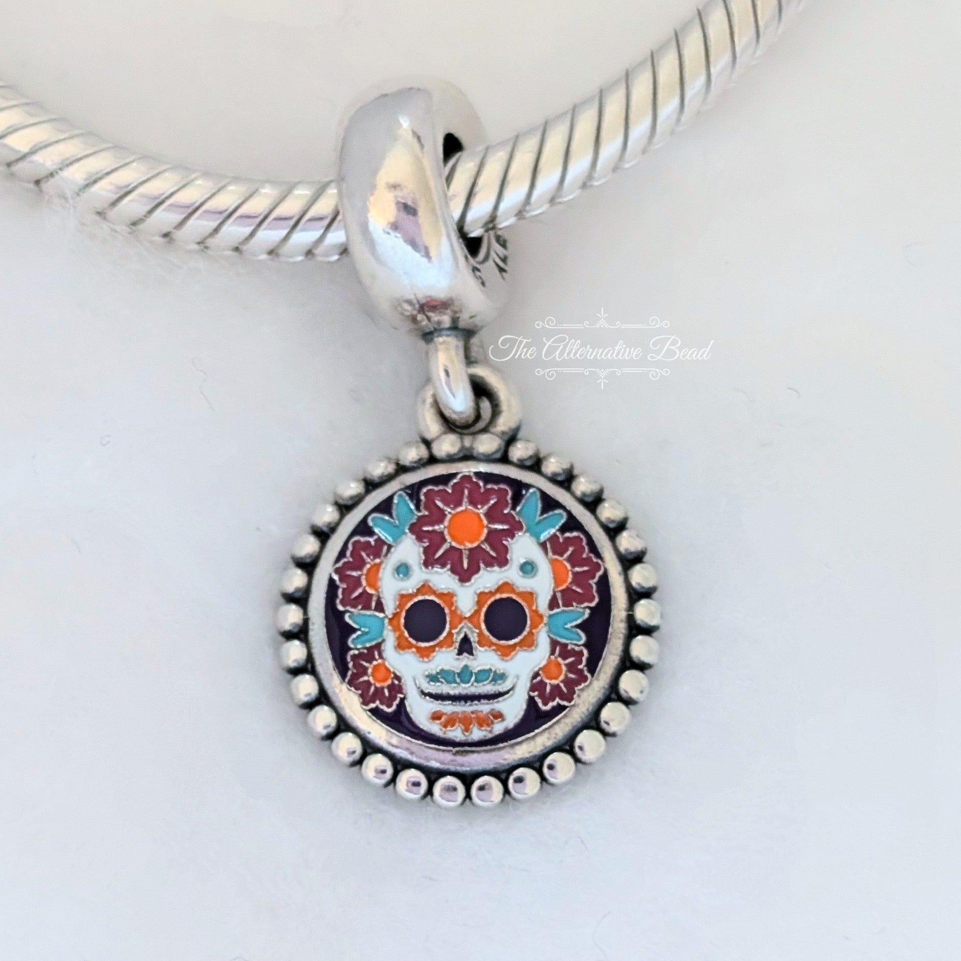 Pandora Sugarskull (Dia de los Muertos Special Edition) () white and red and orange and blue and black sterling-silver Dangle by The Alternative Bead. Your Jewelry Retailer from Germany