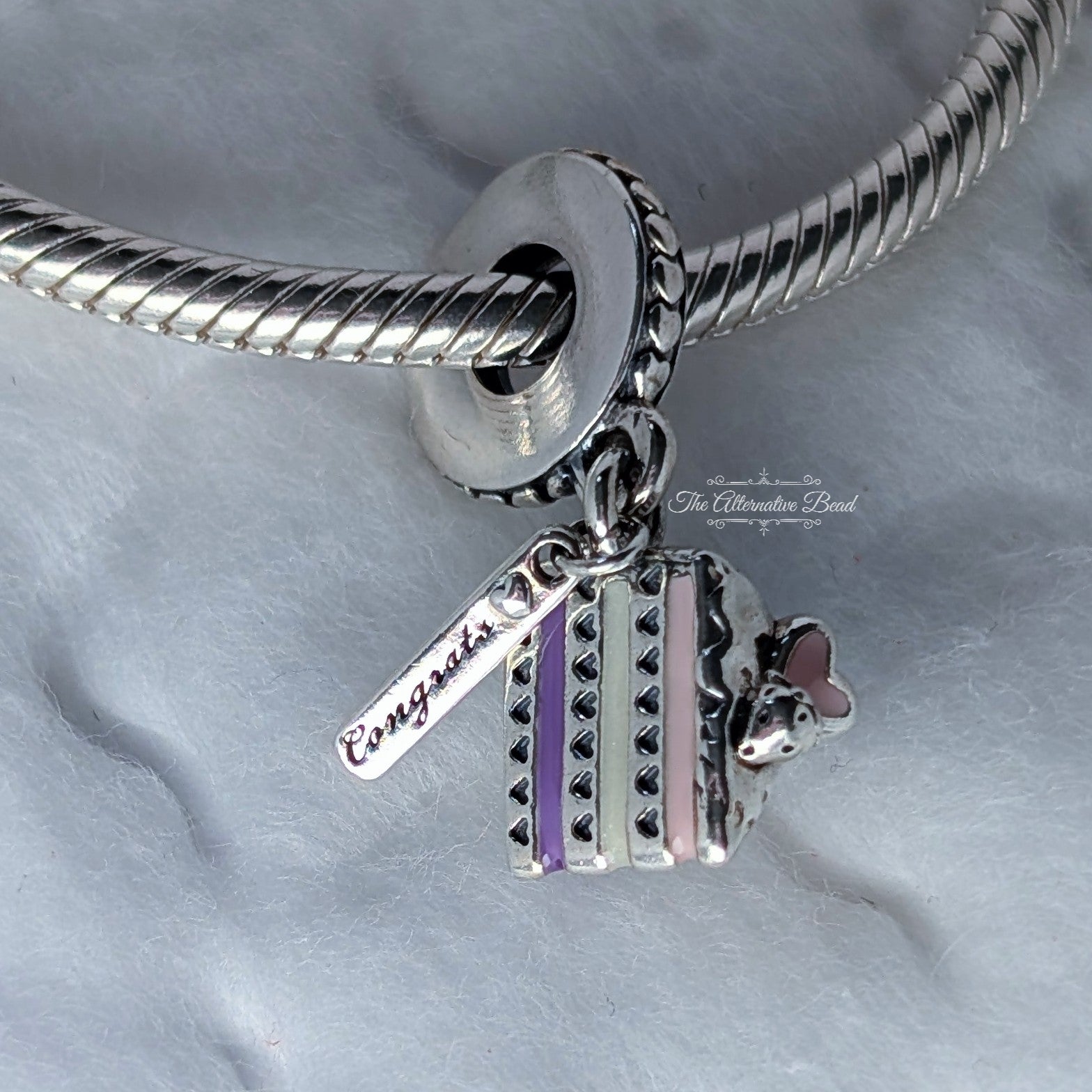 Pandora Cake slice silver dangle with pink, purple and silver enamel (797258ENMX) silver and pink and purple sterling-silver and enamel Dangle by The Alternative Bead. Your Jewelry Retailer from Germany