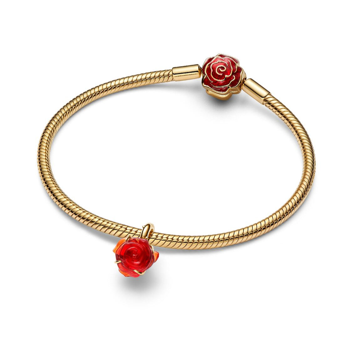 Disney x Pandora Disney Beauty and the Beast Enchanted Rose Dangle Charm red and gold gold-plated and glass Dangle by The Alternative Bead. Your Jewelry Retailer from Germany