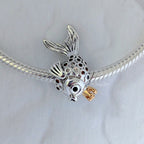 Pandora Fairytale fish silver charm with 14k, orange and golden coloured cubic zirconia and black crystal silver and gold sterling-silver and gold and crystal Bead by The Alternative Bead. Your Jewelry Retailer from Germany