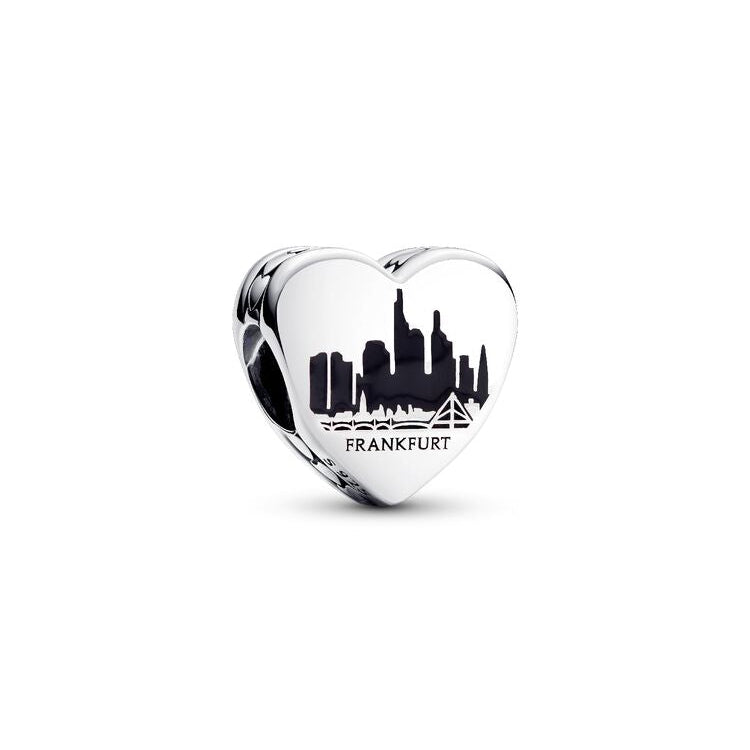Heart-shaped charm with Frankfurt skyline design on a white background