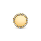 Gold round earring with clear stones on a white background