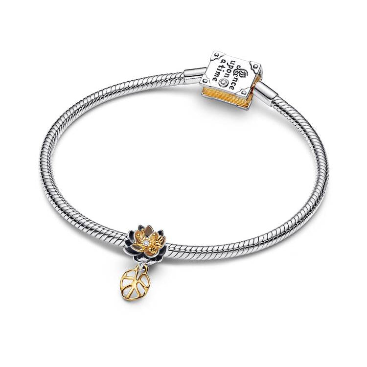 Silver bracelet with gold accents and charms on a white background