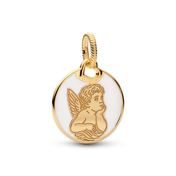 Gold pendant with an angel design on a white background