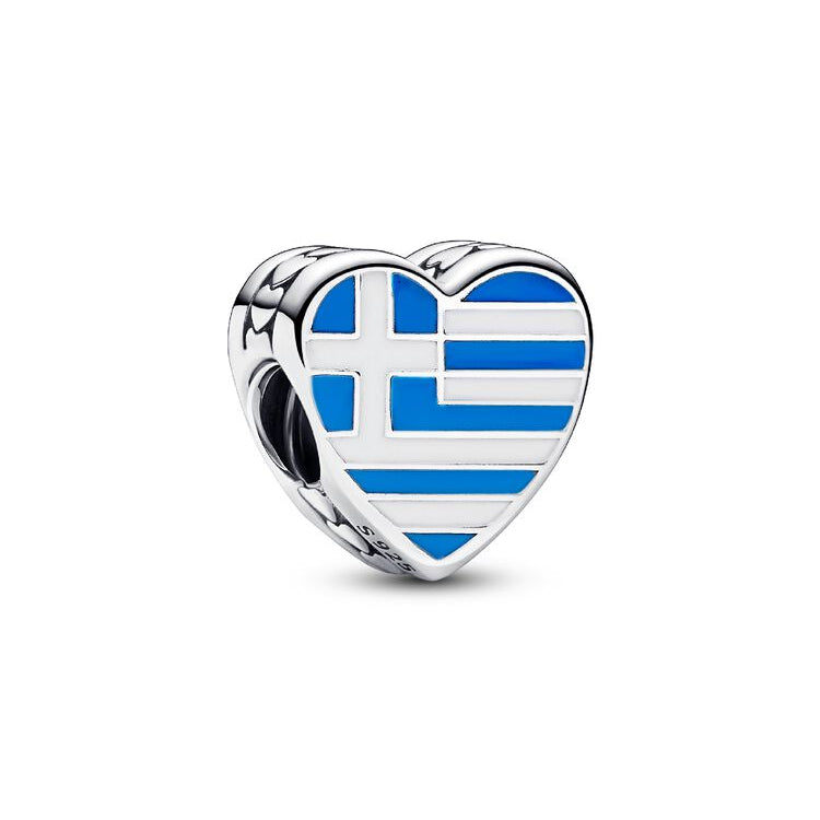 Heart-shaped charm with Greek flag design on a white background