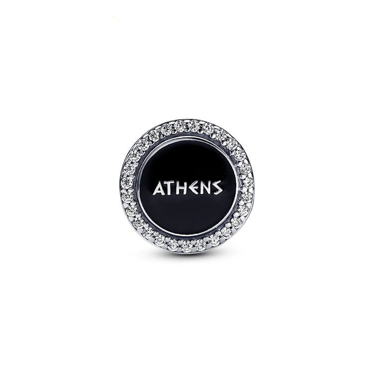Round black disc with 'ATHENS' text and silver border on a white background