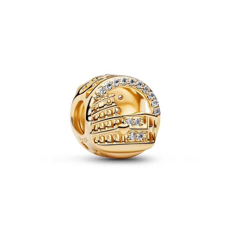 A gold-plated cylindrical charm bead featuring a stylized face and the word 'COPPER' in raised lettering, accented with small clear crystals, shown on a white background.