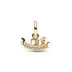 A gold Venice gondola pendant charm featuring a gondola boat, gondolier, and passenger, accented with small clear stones along the side, shown on a white background.