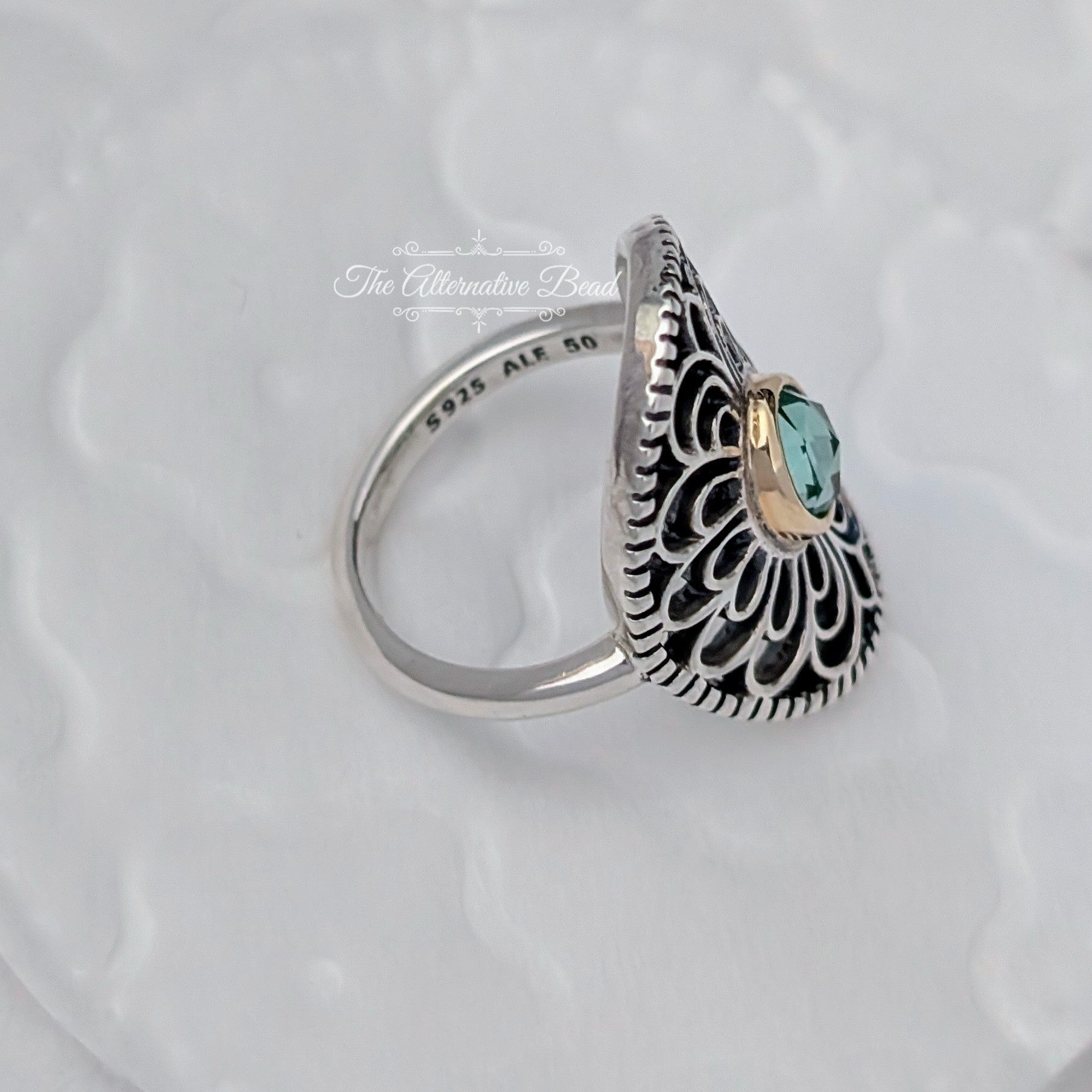 Pandora Silver ring with 14k and green synthetic spinel (190885SSG) silver and gold and green sterling-silver and gold and crystal Ring by The Alternative Bead. Your Jewelry Retailer from Germany