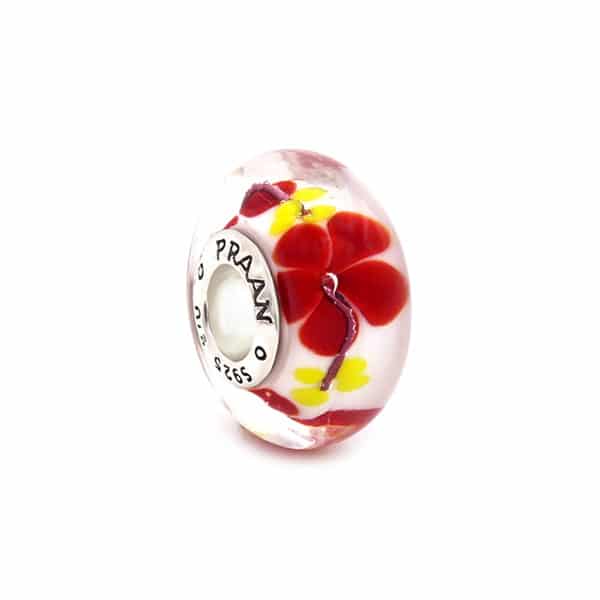 Praan Red Hibiscus floral; black; white; yellow; red glass Bead by The Alternative Bead. Your official Praan Retailer from Germany
