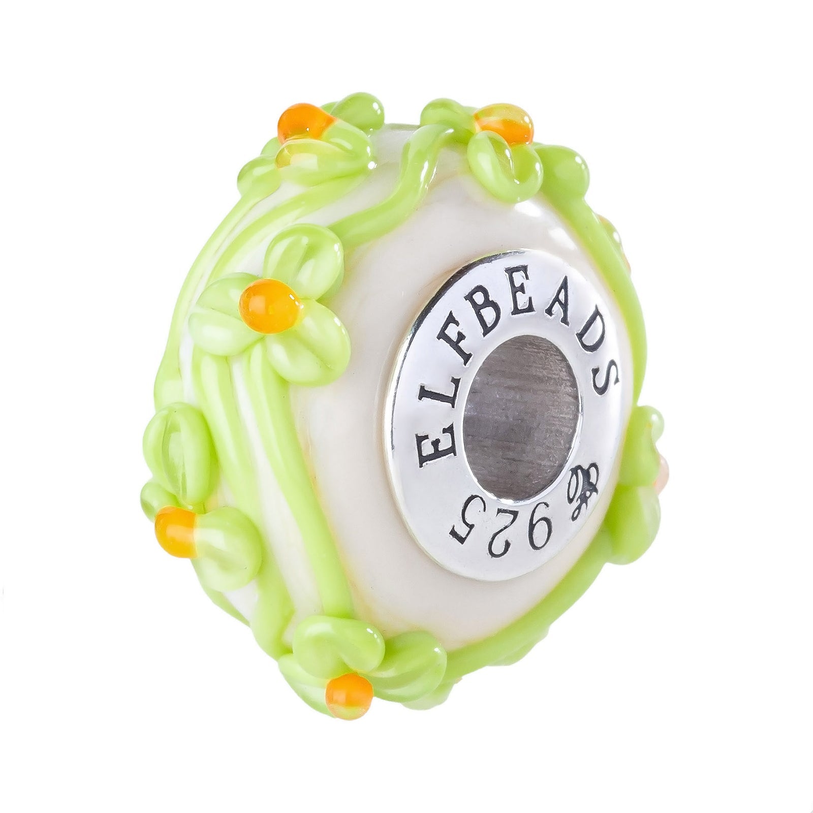 Elfbeads Slime Pumpkin Caramel Flowertwig green; white; silver glass Bead by The Alternative Bead. Your official Elfbeads Retailer from Germany
