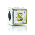 Cube-shaped charm with letter 'S' on a white background