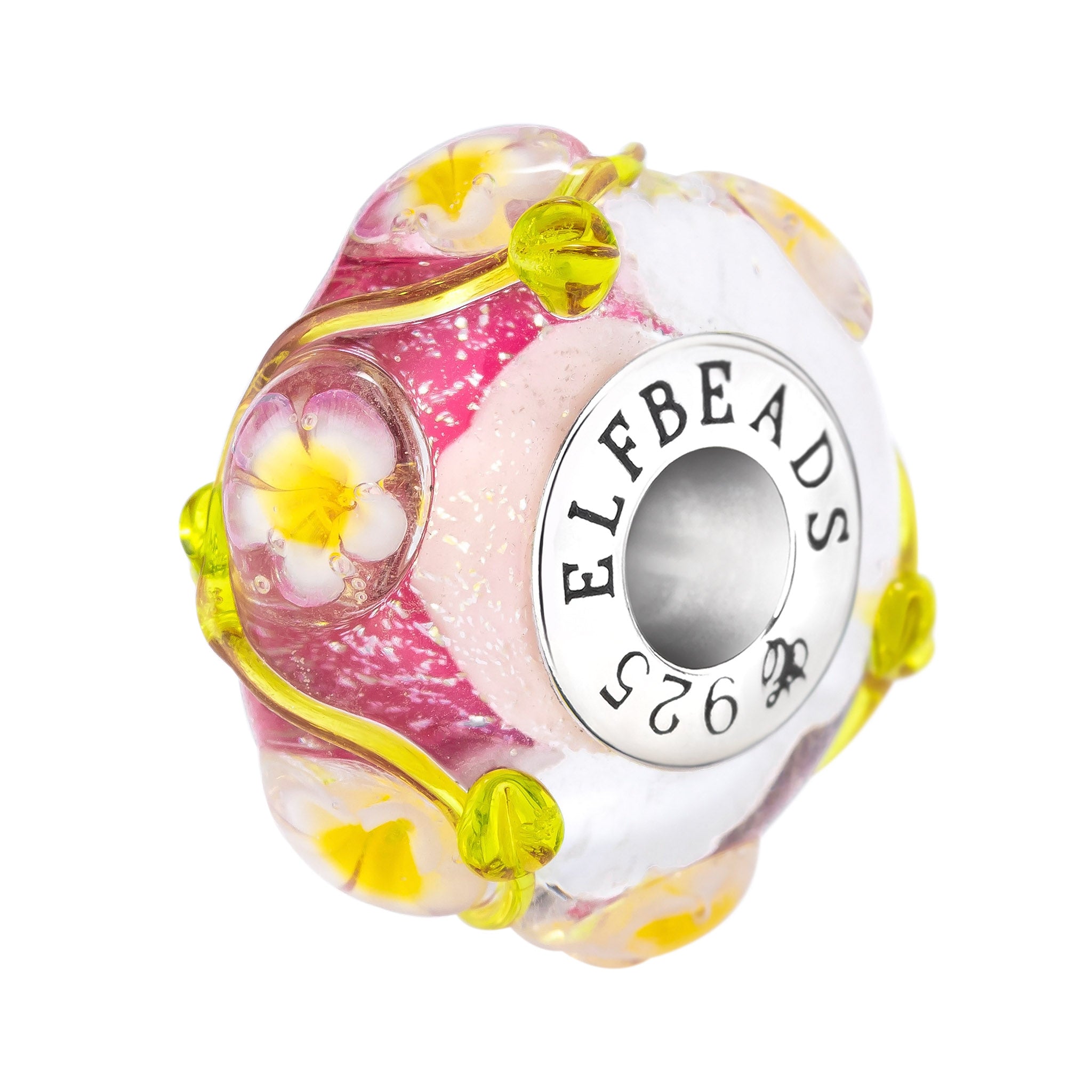 Elfbeads Tropical Frangipani Bloom pink; green glass Bead by The Alternative Bead. Your official Elfbeads Retailer from Germany