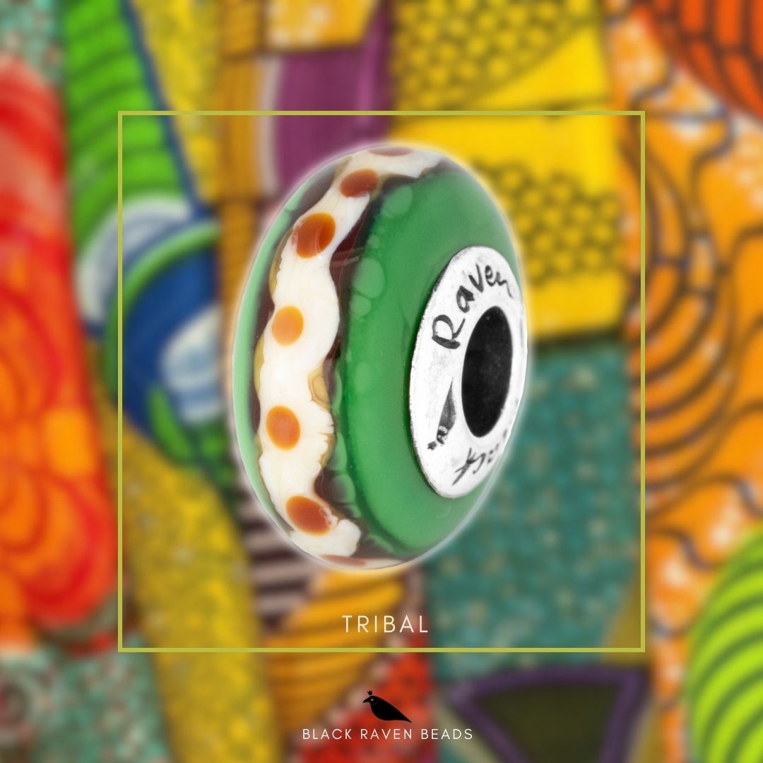 Black Raven Beads Tribal LE green and white and orange glass Charm by The Alternative Bead. Your official Black Raven Beads Retailer from Germany