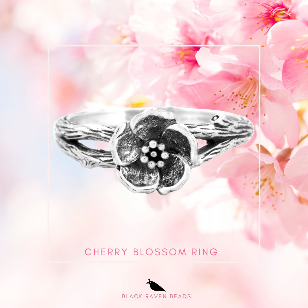 Silver Black Raven Beads Ring Cherry Blossom Ring by The Alternative Bead 