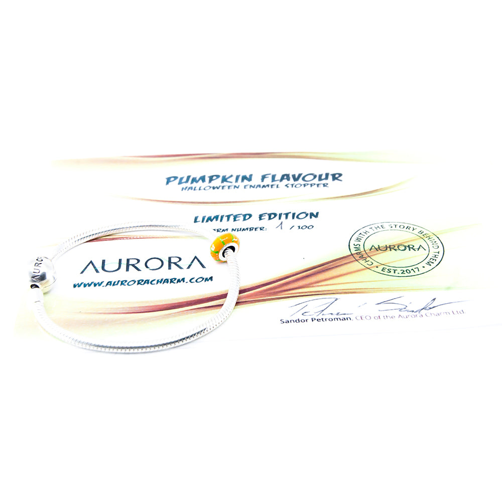 Aurora Charm Pumpkin Flavour Limited Edition Stopper orange; green sterling-silver; enamel Stopper by The Alternative Bead. Your official Aurora Charm Retailer from Germany
