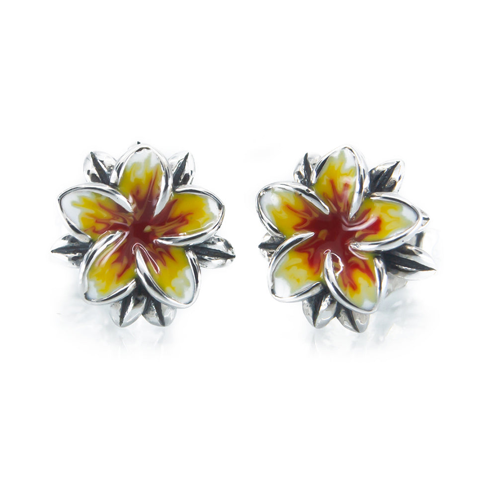 Aurora Charm Frangipani Yellow and Red Earrings silver; yellow; red sterling-silver; enamel Earrings by The Alternative Bead. Your official Aurora Charm Retailer from Germany