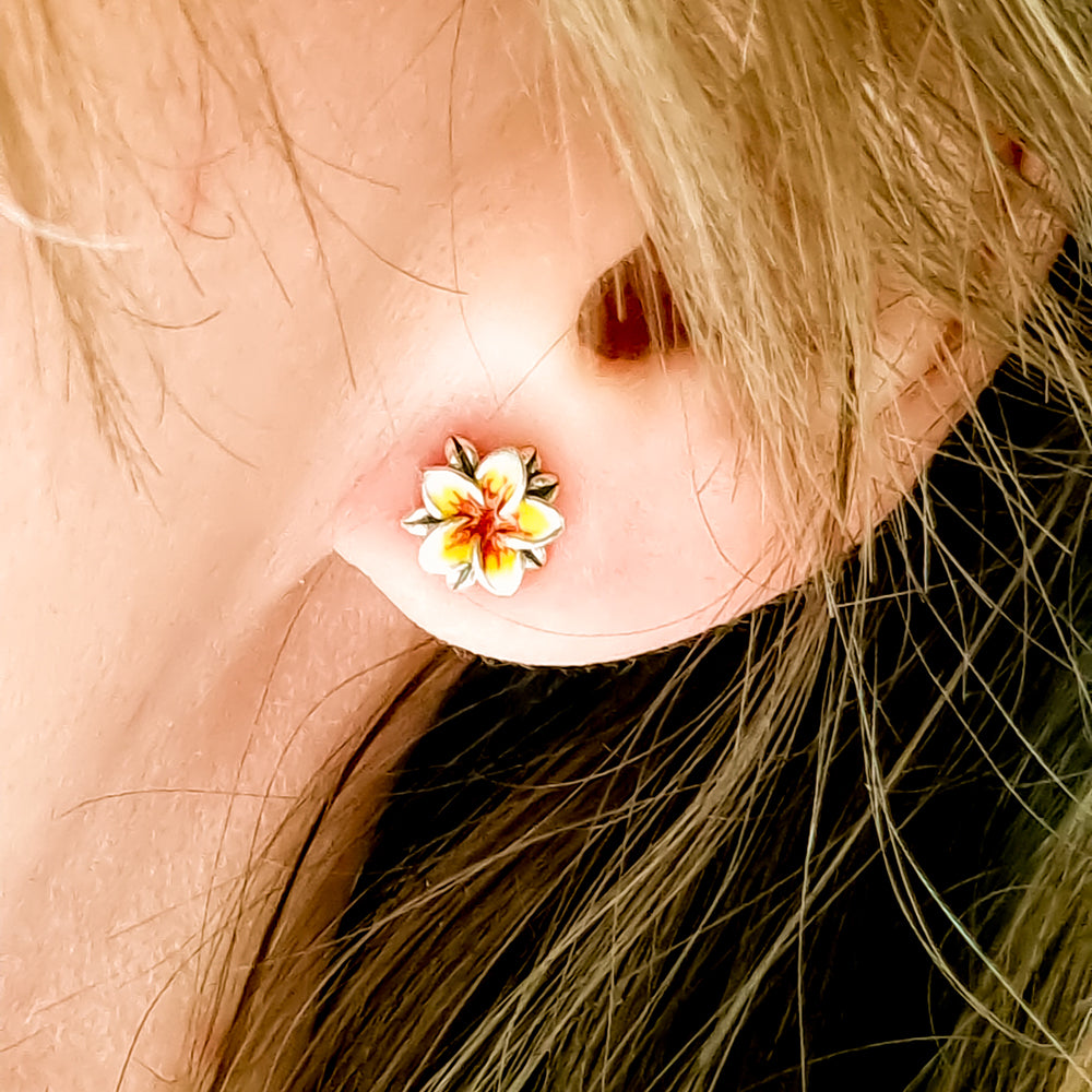 Aurora Charm Frangipani Yellow and Red Earrings silver; yellow; red sterling-silver; enamel Earrings by The Alternative Bead. Your official Aurora Charm Retailer from Germany
